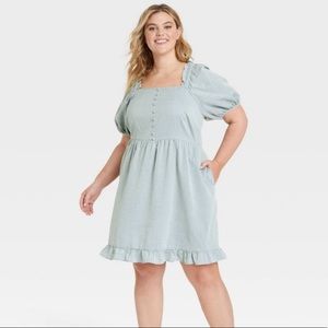 Women’s Plus Size Puff Short-Sleeve Square Neck Blue Grey Summer Dress w/Pockets